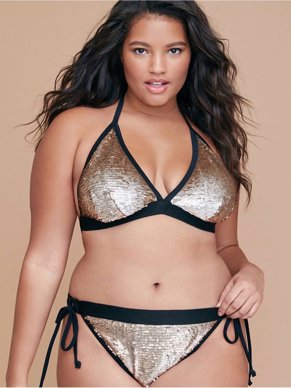 Cacique Bronze/Gold Sequin Bikini Top Size 26 Matching Bottoms Size 24